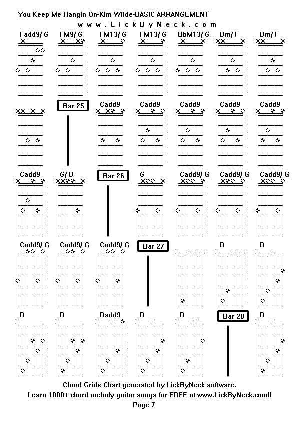 Chord Grids Chart of chord melody fingerstyle guitar song-You Keep Me Hangin On-Kim Wilde-BASIC ARRANGEMENT,generated by LickByNeck software.